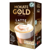 Box of Mokate - Gold Premium Classic Latte featuring an image of a latte with details, including 10 sachets and low-fat contents.